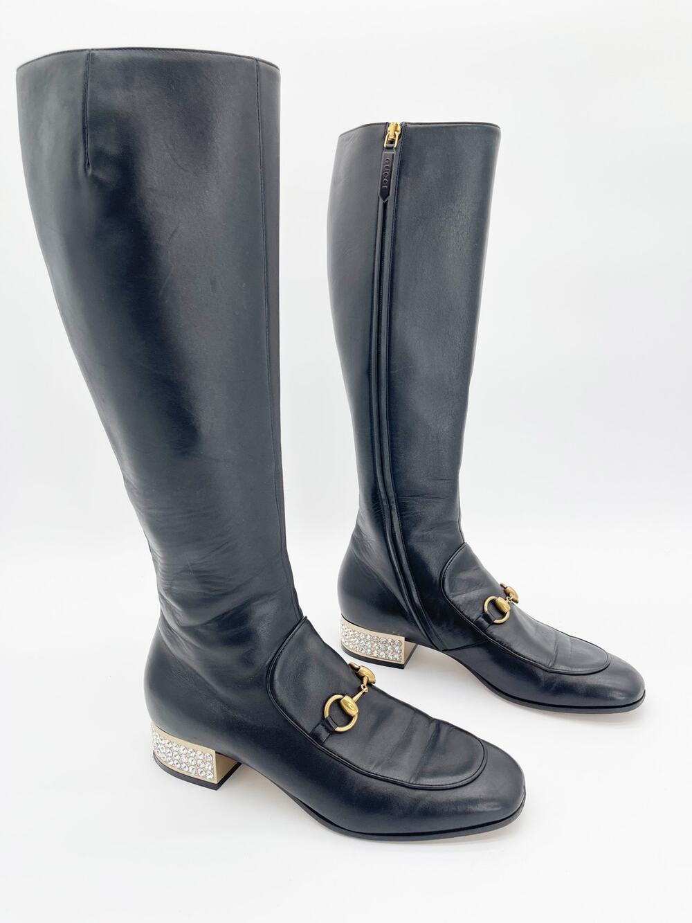 Gucci Mister Knee High Black Leather Horsebit Crystal Heel Riding Boots EU 39